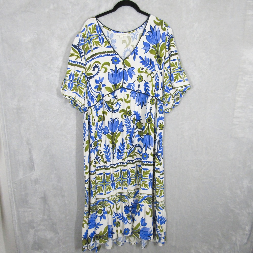 Fig + Flower Womens 2X Blue Green Floral Print V Neck Linen Blend Maxi Dress